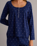 Mamu navy printed pyjama set spun from soft-touch organic cotton, it’s feather-light and breathable. 