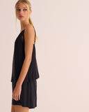 Mamu black sleeveless strappy organic silk camisole with lace trim. 
