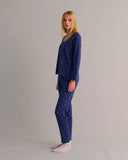 Mamu navy printed pyjama set spun from soft-touch organic cotton with button front. and tapered leg. 
