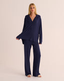 Mamu Navy Ribbed Oversized Retro shirt with revere collar