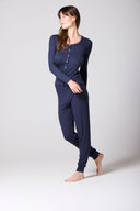 Model wearing Navy Ribbed Soft Modal Cardigan and Leggings Set