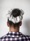 Mamu oversized scrunchie in organic stretch silk to help prevent frizz and protect hair